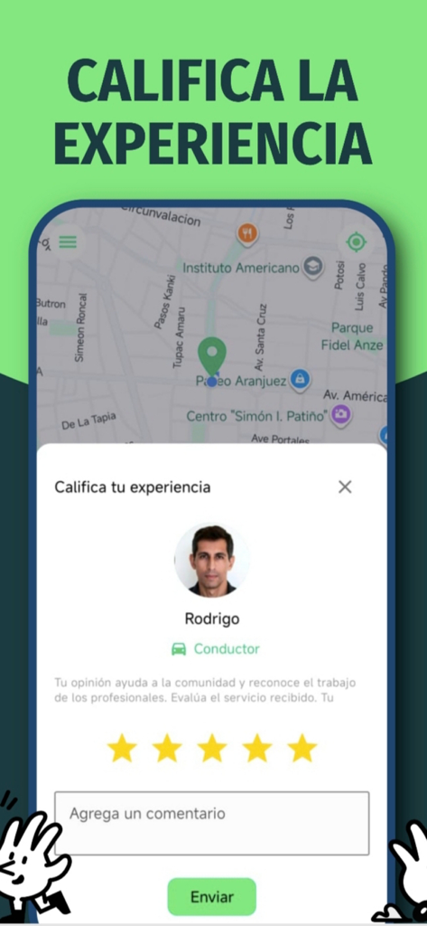 CareDriver - Pide un Conductor - CareDriver app interface showing a rating screen for a designated driver with star ratings and a comment box