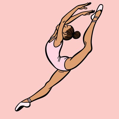 gymnast doing a leap in a leotard with a bent back leg