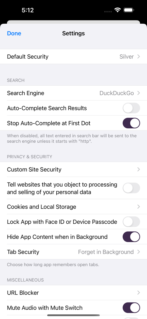 Capture d'écran du menu des paramètres du navigateur Onion affichant les options de confidentialité et de sécurité.