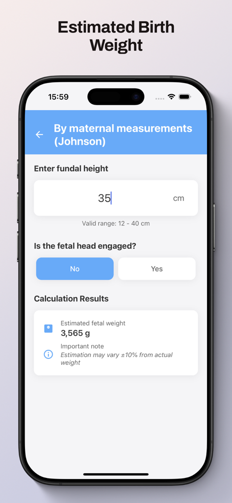 Obstetric Calculators - Estimated Birth Weight calculator screen in the ObstetricTools app showing a result based on fundal height.