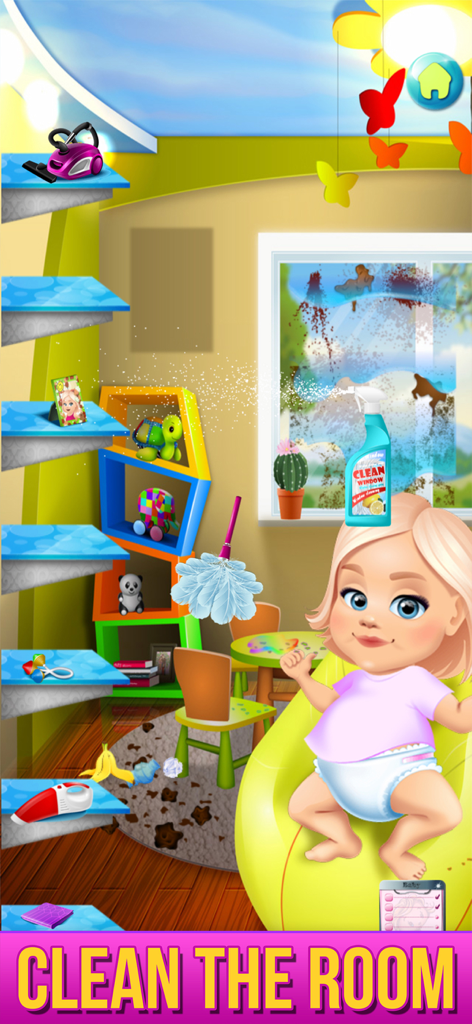 Baby Care & Dress Up Game - A screen from the Baby Care and Dress Up Game showing a baby in a messy room with cleaning tools like a spray bottle and duster