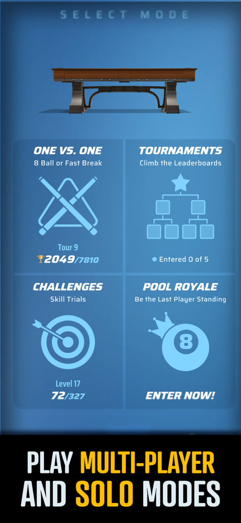 Game mode selection menu for Ultimate 8 Ball Pool showing multiplayer and solo options like One vs One and Pool Royale