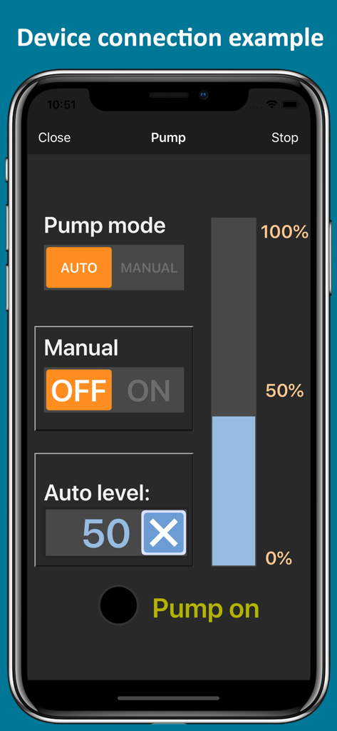 RemoteXY - Dashboard móvil de RemoteXY que muestra una interfaz gráfica de usuario personalizada para controlar una bomba con modos manual y automático