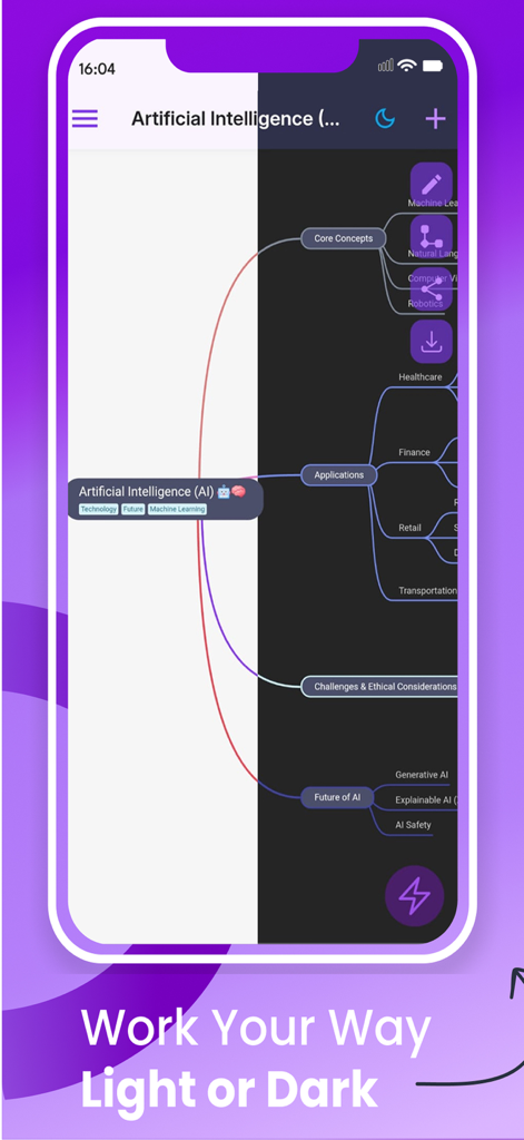 MindMap AIアプリのインターフェース。ビジュアルマインドマッピングのためのライトモードとダークモードのオプションが表示されます。