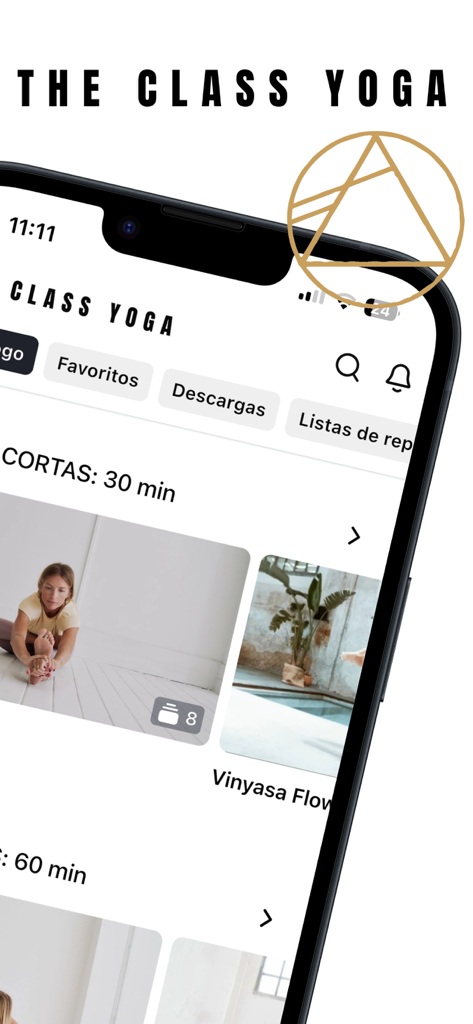 iPhone画面。The Class Yogaアプリに、さまざまなヨガクラスとスペイン語のナビゲーションが表示されています。