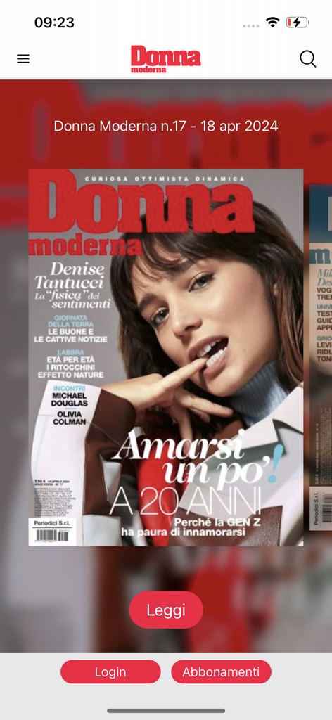 Donna Moderna - Donna Moderna mobile app interface showing a digital magazine cover featuring Denise Tantucci