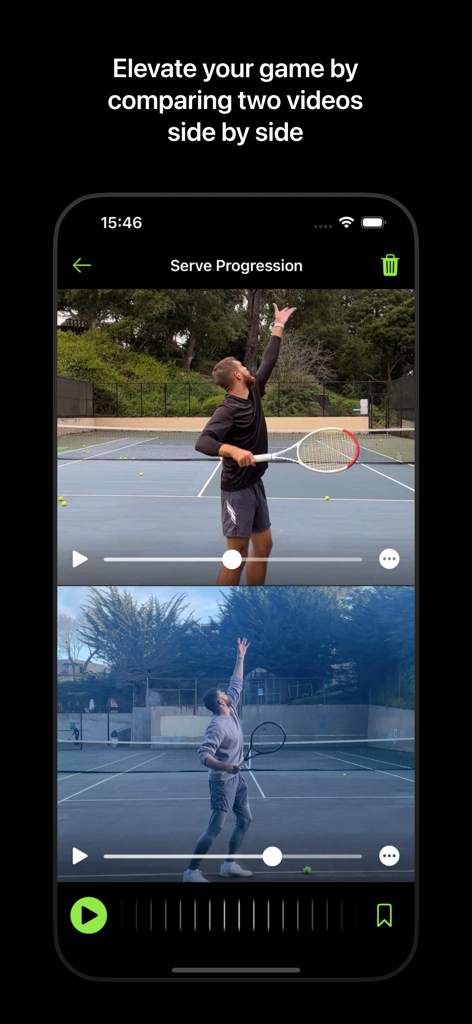 SplitFrame: Perfect Your Game - A side-by-side video comparison of a tennis serve for sports form analysis in the SplitFrame app.