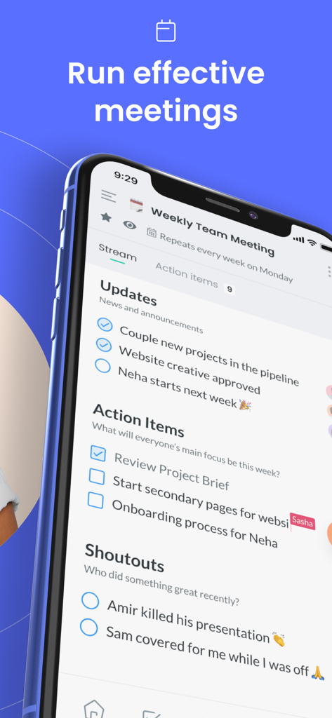 Fellow.app - Interface of the Fellow app showing a weekly team meeting agenda with action items and updates.