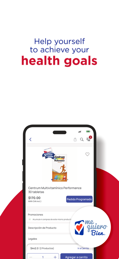 Farmacias Del Ahorro app product page showing Centrum multivitamins with health goals message