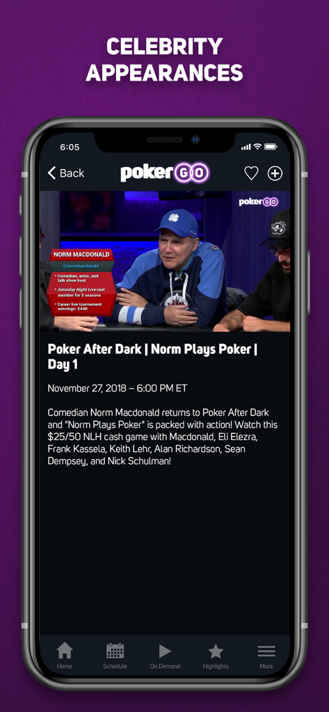 Pantalla de la aplicación PokerGO mostrando un video de la celebridad Norm Macdonald jugando en Poker After Dark