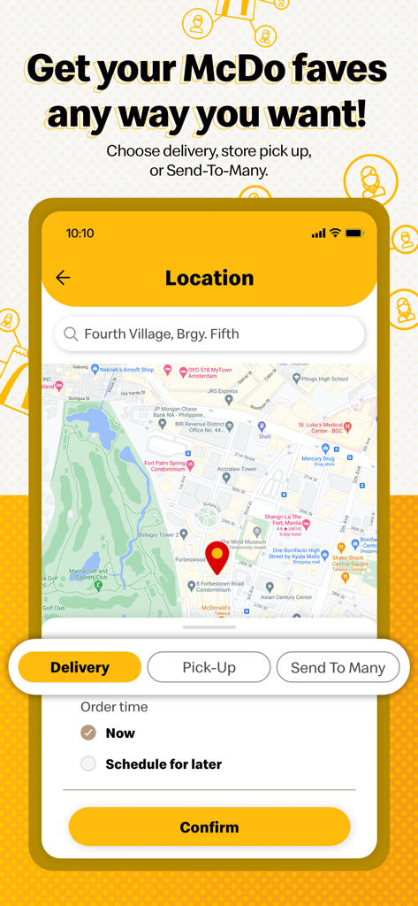 McDelivery PH - McDelivery PH mobile app screen showing location selection map with delivery, pick-up, and send-to-many options.