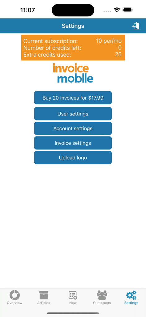 Pantalla de configuración de la aplicación Factura Móvil que muestra detalles de suscripción y opciones de configuración de cuenta