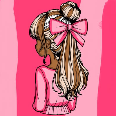realistic girl  with hip length hair a bun and a big bow on the back of head