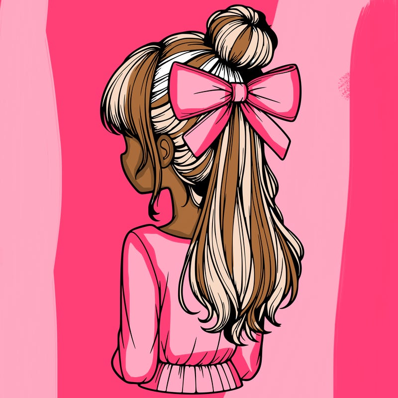 realistic girl  with hip length hair a bun and a big bow on the back of head