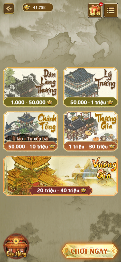 Chắn Một Tay - Chắn Sân Đình - Mobile game lobby for Chan Mot Tay showing various room levels with traditional Vietnamese names and bet ranges