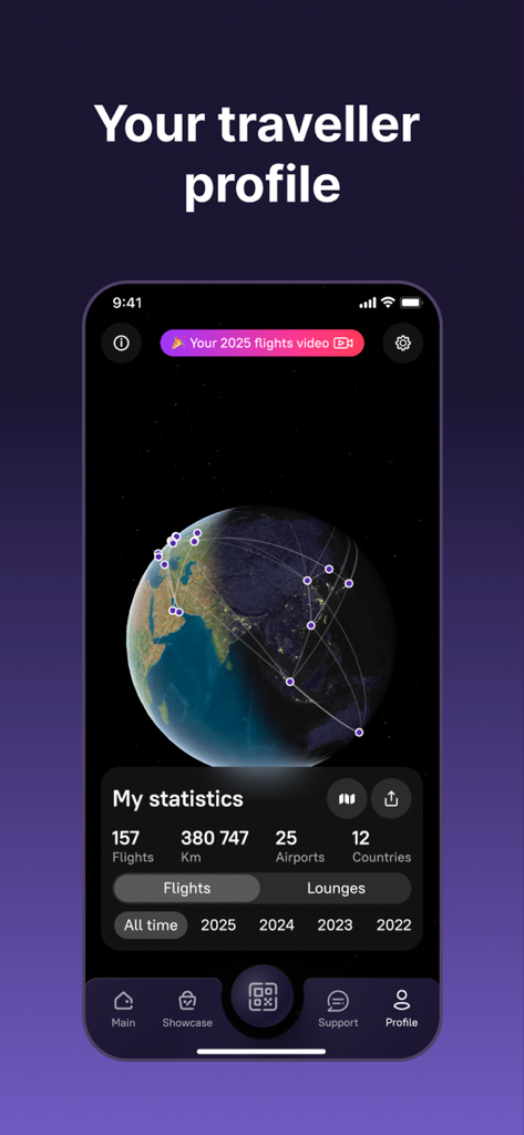 Panel de perfil de usuario en la aplicación MILEONAIR que muestra estadísticas de vuelos y un mapa de viajes global