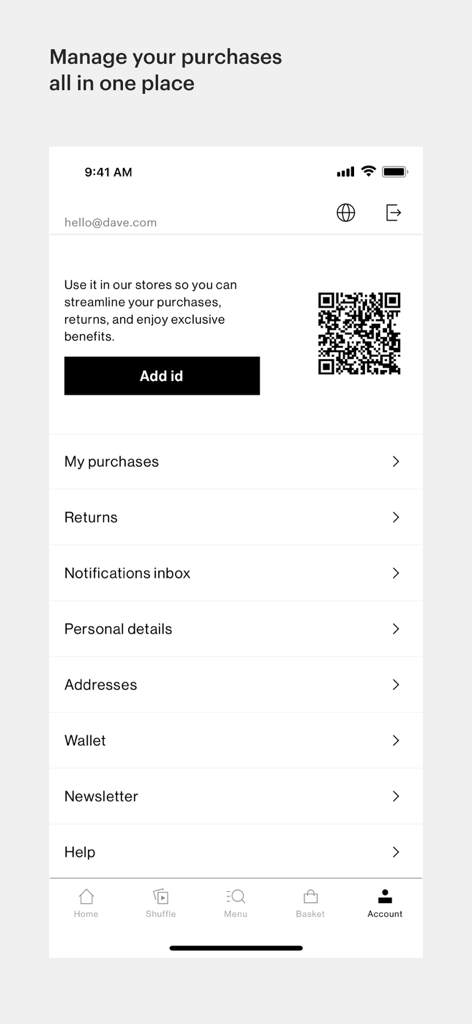 Interface de conta de utilizador da aplicação móvel Pull and Bear, apresentando gestão de perfil e um código QR de identificação em loja.