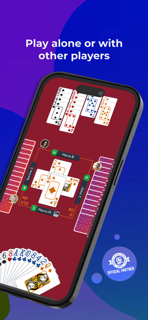 A mobile interface showing a Bridge card game in progress with the text Play alone or with other players and the ACBL official partner logo