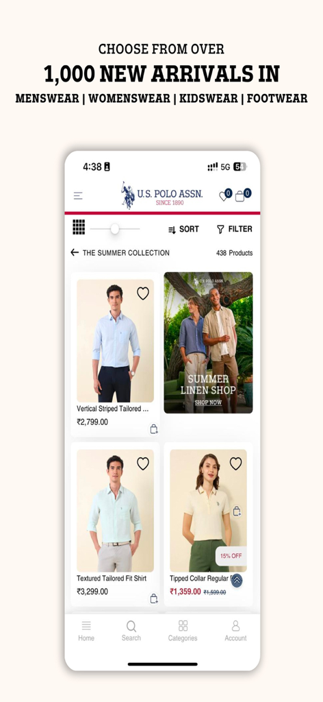 U.S. Polo Assn. - US Polo Assn mobile app interface showing the summer clothing collection for men and women