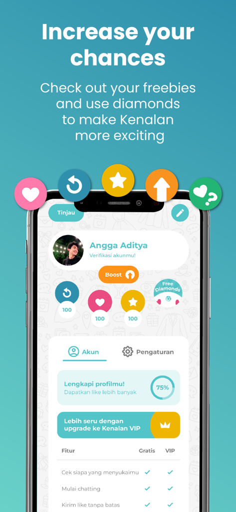 Kenalan.app - Kenalan app profile screen showing account settings and premium membership benefits
