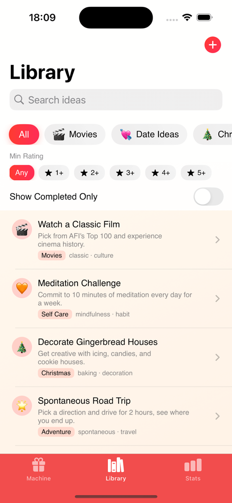 The library screen of the Christmas CandyIdea app showing various activity suggestions and category filters