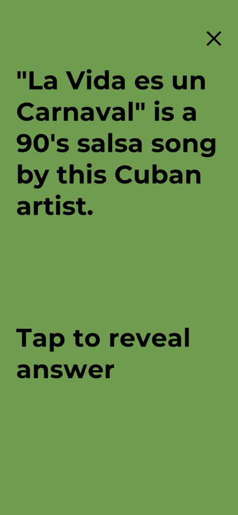 A cultural trivia question screen in the No Sabo app asking for the Cuban artist of the song La Vida es un Carnaval.