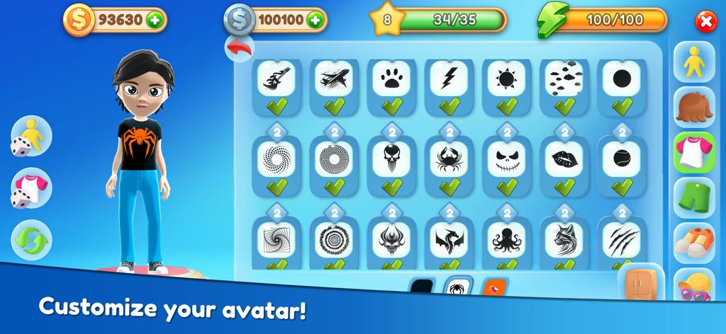 La pantalla del creador de avatares en Home Valley mostrando un personaje 3D y varias opciones de diseño de ropa