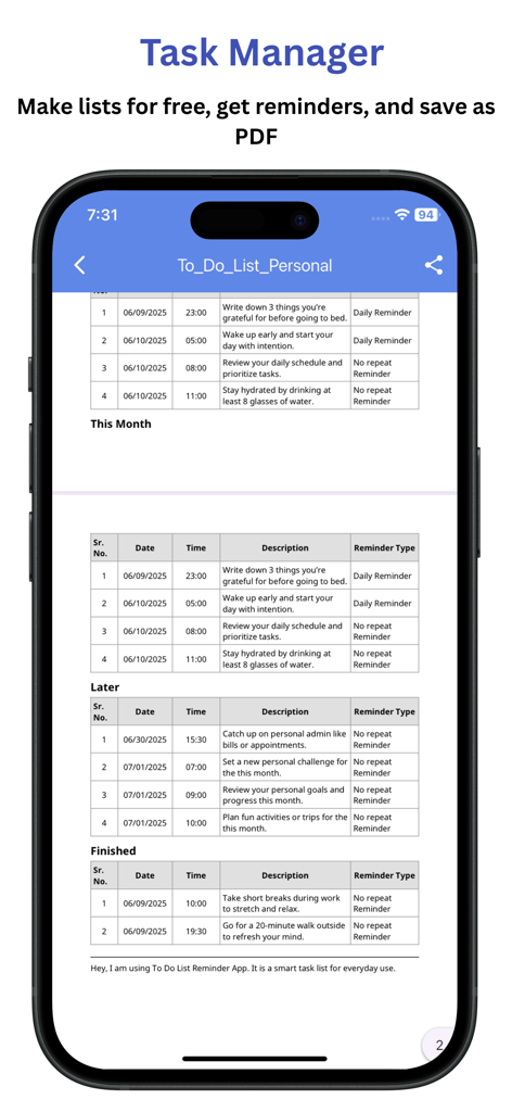 Daily Schedule Planner: Notify - A mobile screen showing a detailed task list report formatted as a table with dates and reminder types for export as a PDF