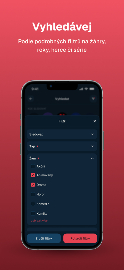 Filmtoro mobile app search interface showing genre filters for movies and series.