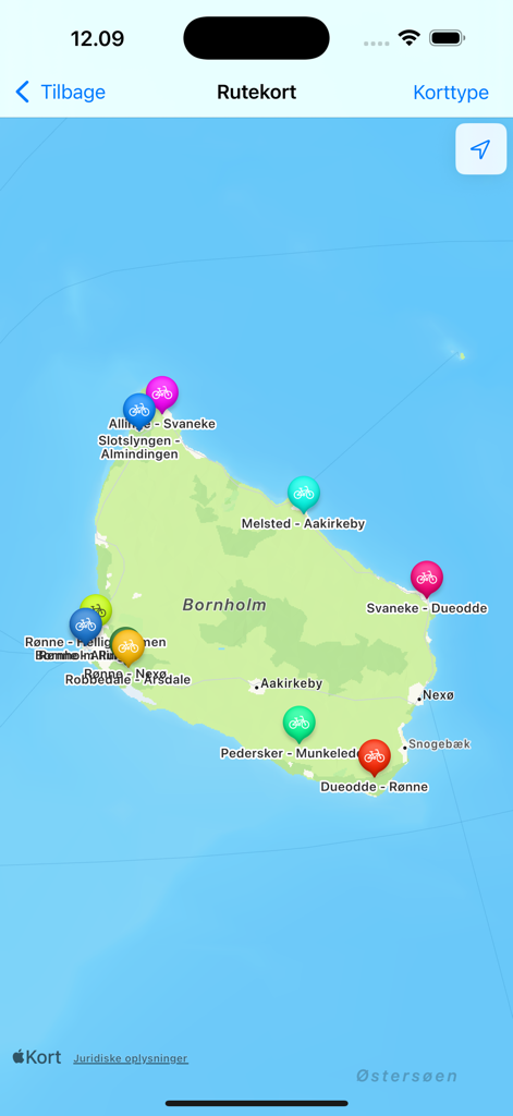 Bike Routes on Bornholm - Eine Karte der Insel Bornholm, die verschiedene Startpunkte von Radrouten mit bunten Kartenmarkierungen zeigt.
