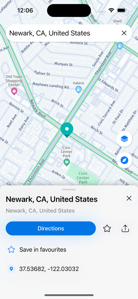 GPS Navigation, Map Direction - Interface de l'application de navigation GPS montrant une carte de Newark Californie avec un bouton d'itinéraire et des coordonnées de localisation