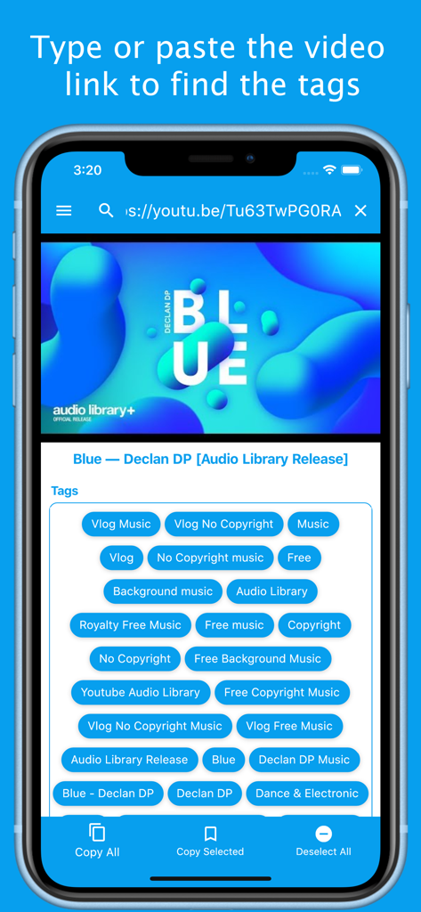 YouTube動画リンクからタグとコピー機能が表示されているYT用タグのインターフェース