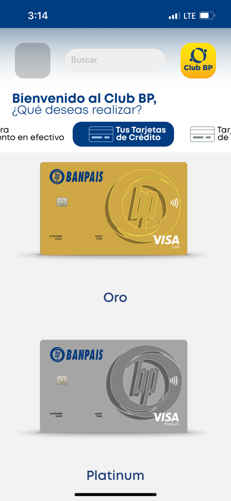 Club BP - Pantalla de la aplicación Club BP que muestra las tarjetas de crédito Visa Gold y Platinum de Banpais