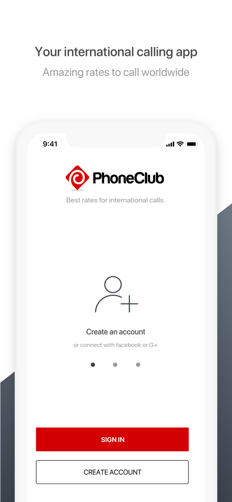 PhoneClub – Best Calling Rates - PhoneClub international calling app onboarding screen with options to sign in or create an account