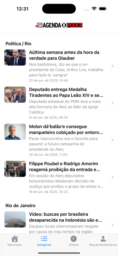 Agenda do Poder app news feed showing political headlines from Rio de Janeiro and Brazil
