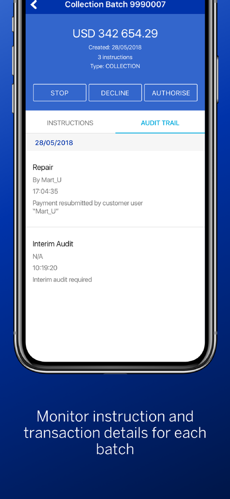 Mobile app screen showing a transaction collection batch with details and an audit trail for business banking.