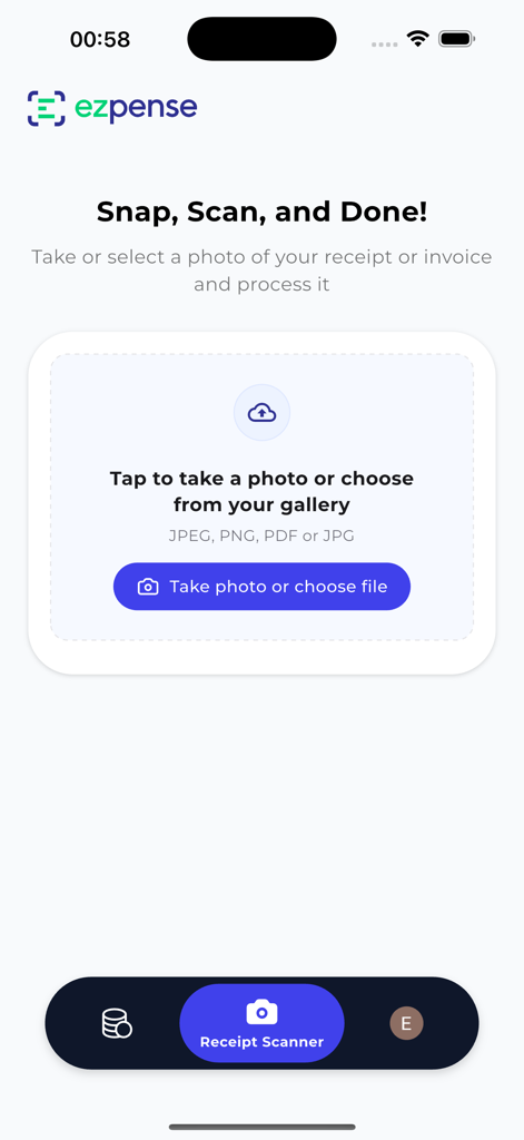 Écran de l'application Ezpense pour numériser ou télécharger des reçus professionnels.