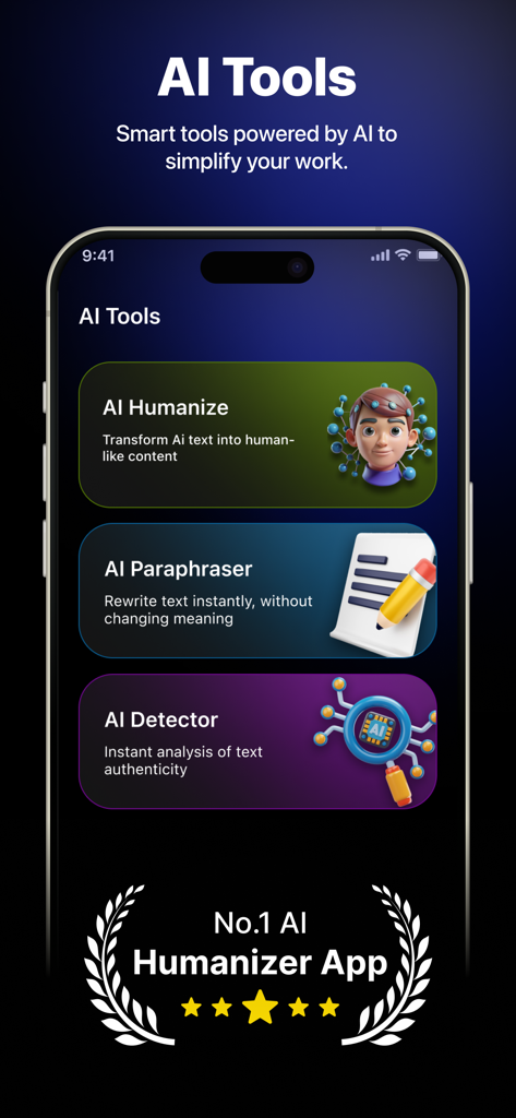 Interface of Humanize AI app showing its primary tools: AI Humanize, AI Paraphraser, and AI Detector.