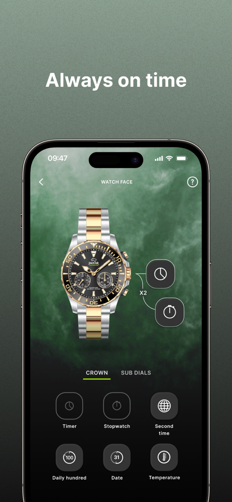 Jaguar Connected - Jaguar Connected app screen showing a hybrid watch face customization interface with options for timer, stopwatch, and second time zone
