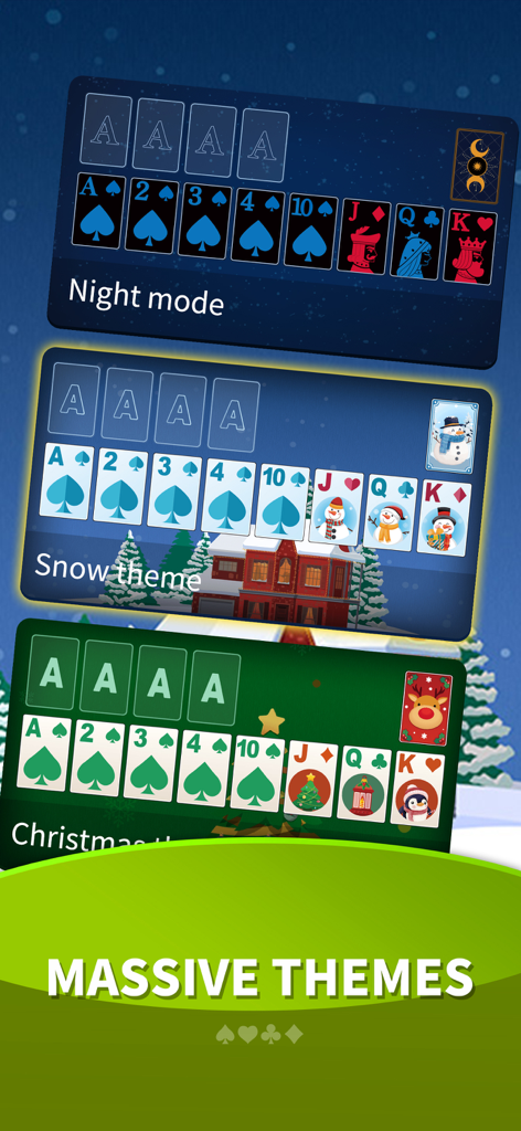 Selección de temas del juego de Solitario que incluyen modo nocturno y diseños de cartas festivas de temporada.