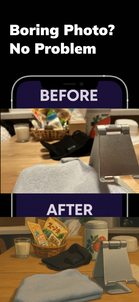 AI Japanese Anime Generator - A before and after comparison showing a real photo of a desk transformed into a Japanese anime style illustration.