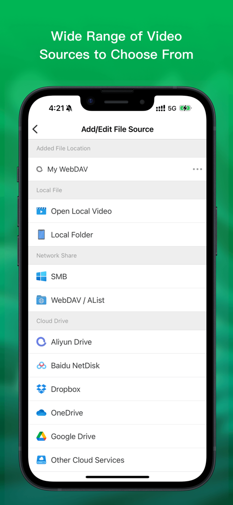 iPhone screen of VidHub app showing various video source options including local folders network shares and cloud storage services