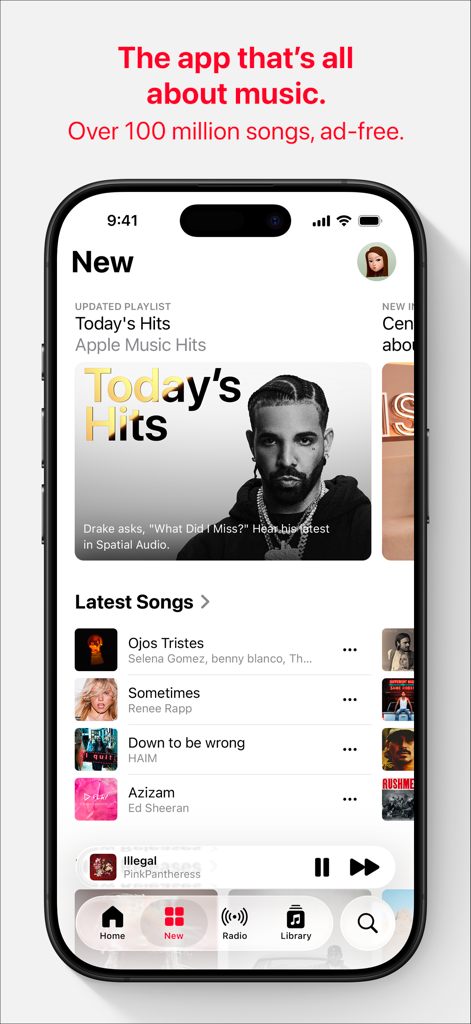 Apple Music - Apple Music app interface on an iPhone displaying new music releases and the Today's Hits playlist.