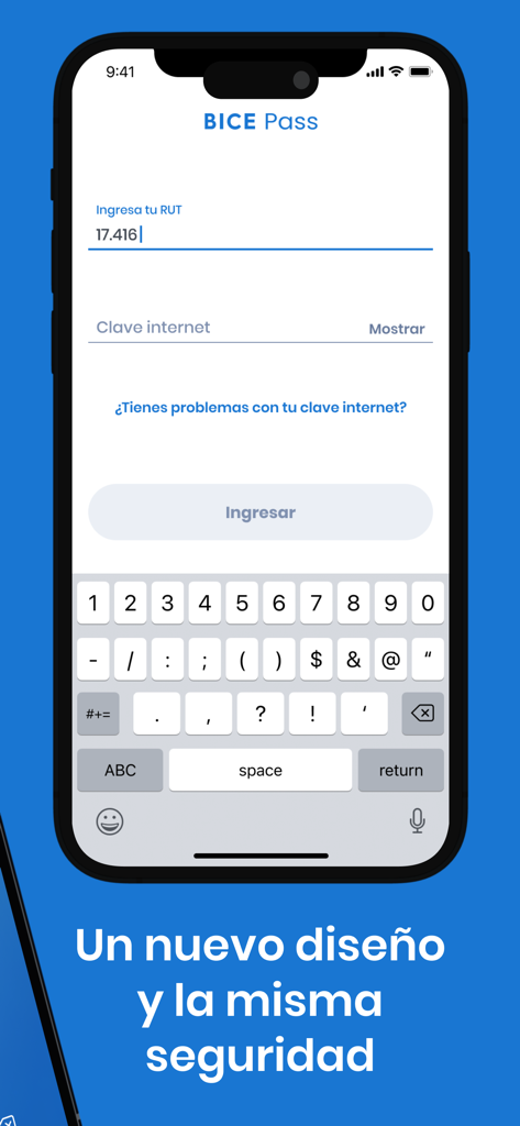 BICE Pass - Pantalla de inicio de sesión de la aplicación móvil BICE Pass que muestra campos para RUT y clave de internet en un iPhone.