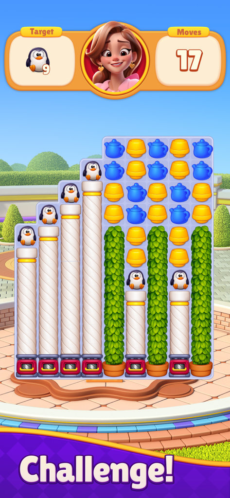 Dream Mania - Match 3 Games - Captura de tela da jogabilidade de Dream Mania Match 3 mostrando um tabuleiro de quebra-cabeça com bules e pinguins.