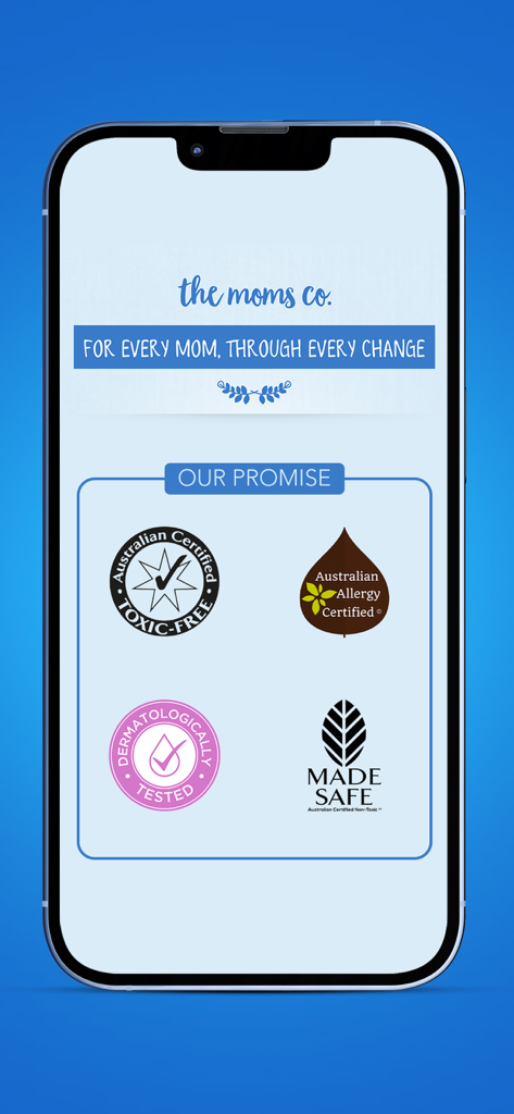The Moms Co. - Skin Care Shop - Schermata dell'app The Moms Co. che mostra le certificazioni di sicurezza dei prodotti, tra cui Australian Certified Toxic Free e Dermatologicamente Testato