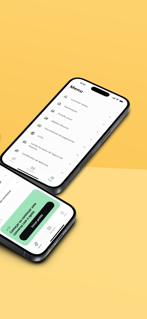 Dos iPhones mostrando la pantalla del menú y las pantallas de solicitud de soporte de la aplicación móvil de la Seguridad Social Portuguesa.