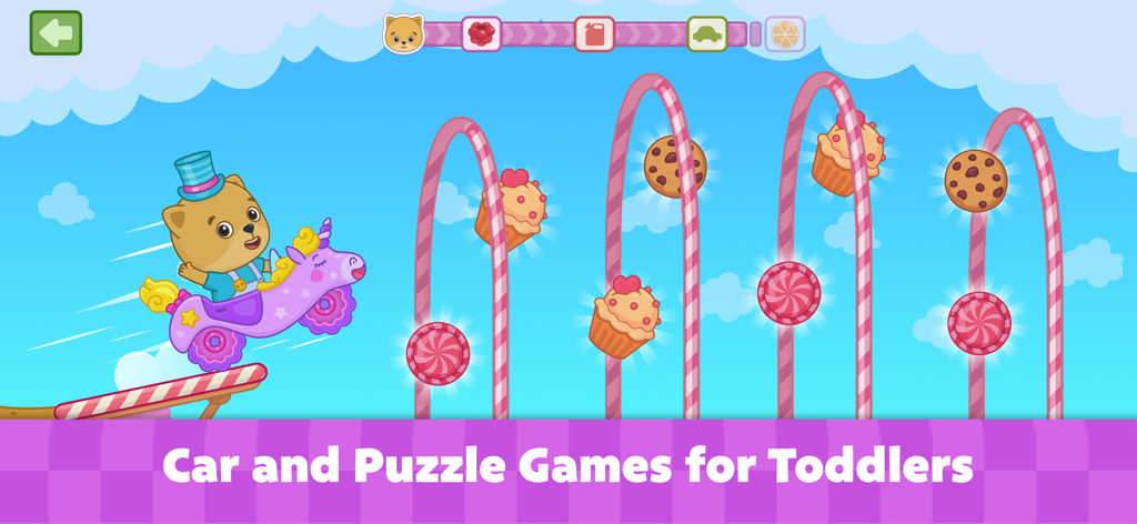 Bear character driving a unicorn car in a candy world