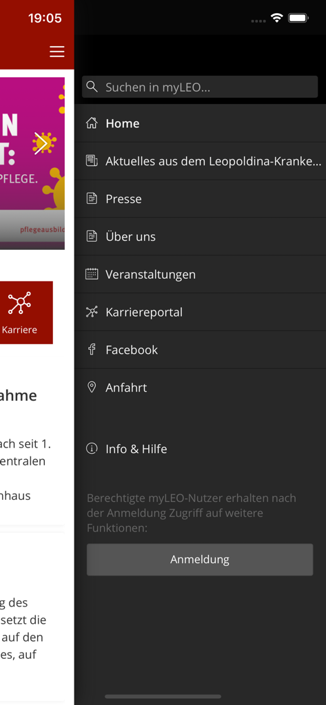 myLEO - The side navigation menu of the myLEO app showing links to hospital news events and career portal