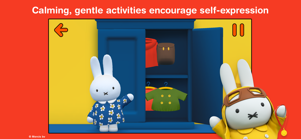 Miffy choisissant des vêtements dans une armoire bleue dans l'application éducative Le Monde de Miffy